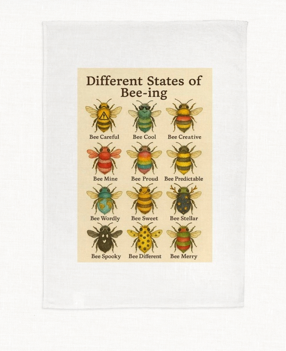 Poster with illustrations of bees and humorous captions on a white background