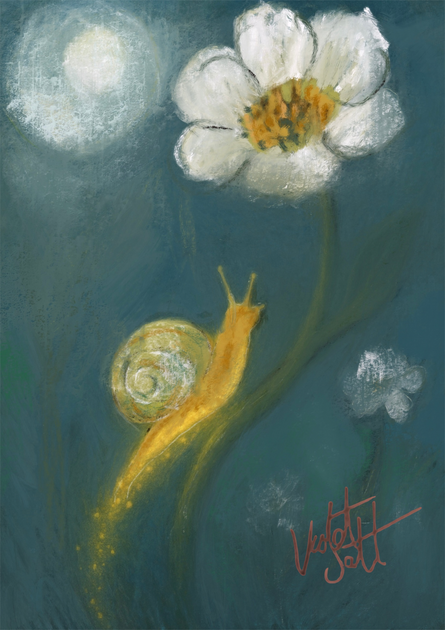 Moonlit Climb Art - Enchanting Snail & Daisy Design. Framed