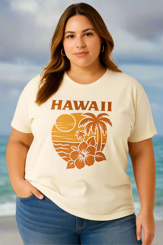 🌺 Hawaii Retro Sunset Tee – Cream Crew Neck 3XL