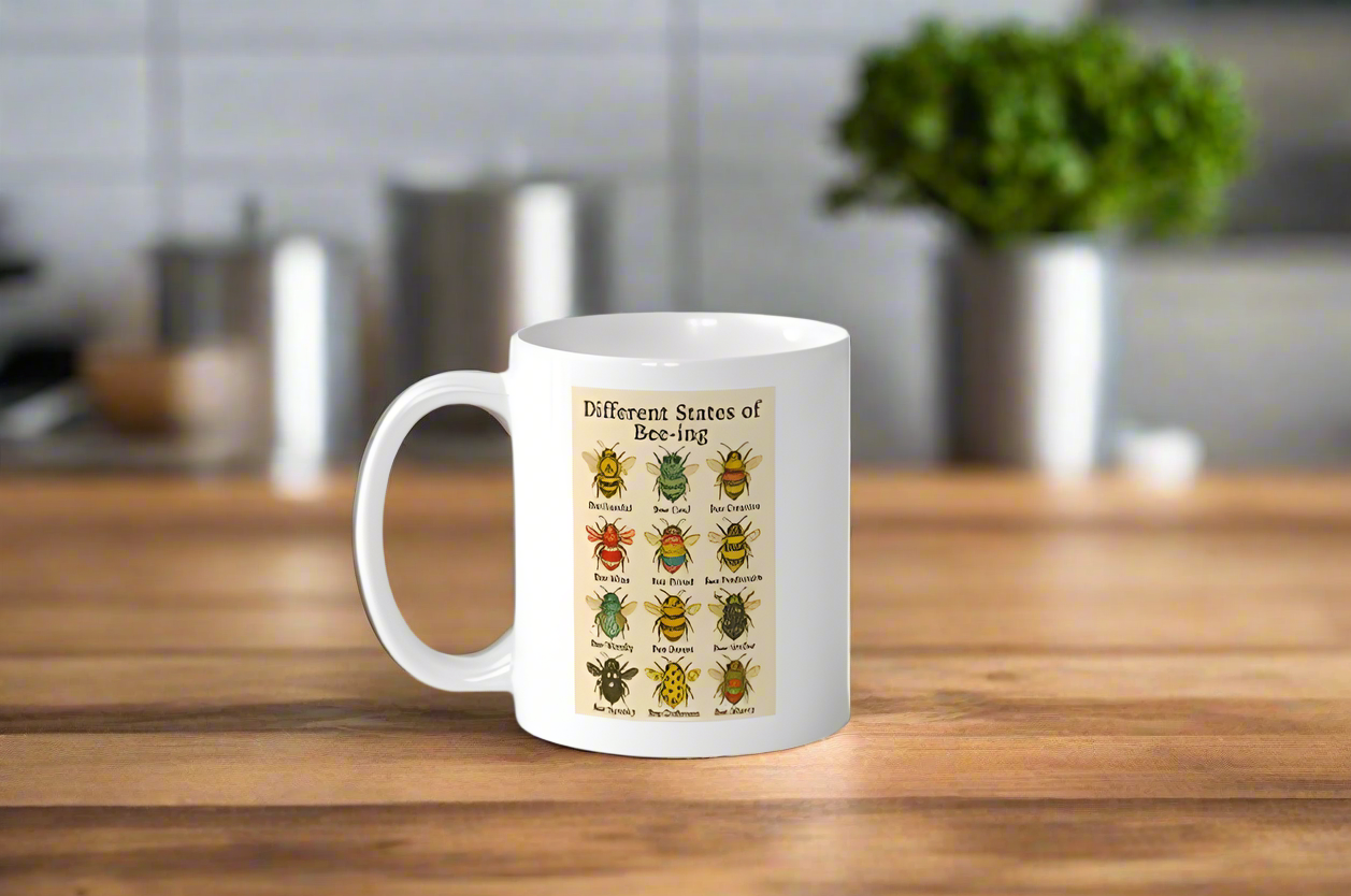Mug with bee illustrations on a kitchen counter