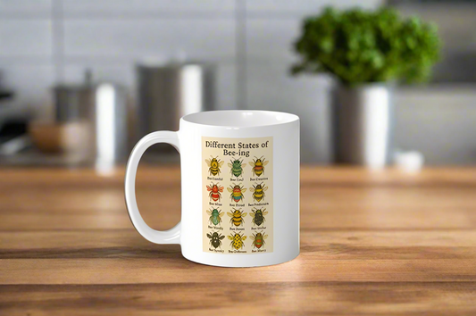 Mug with bee illustrations on a kitchen counter