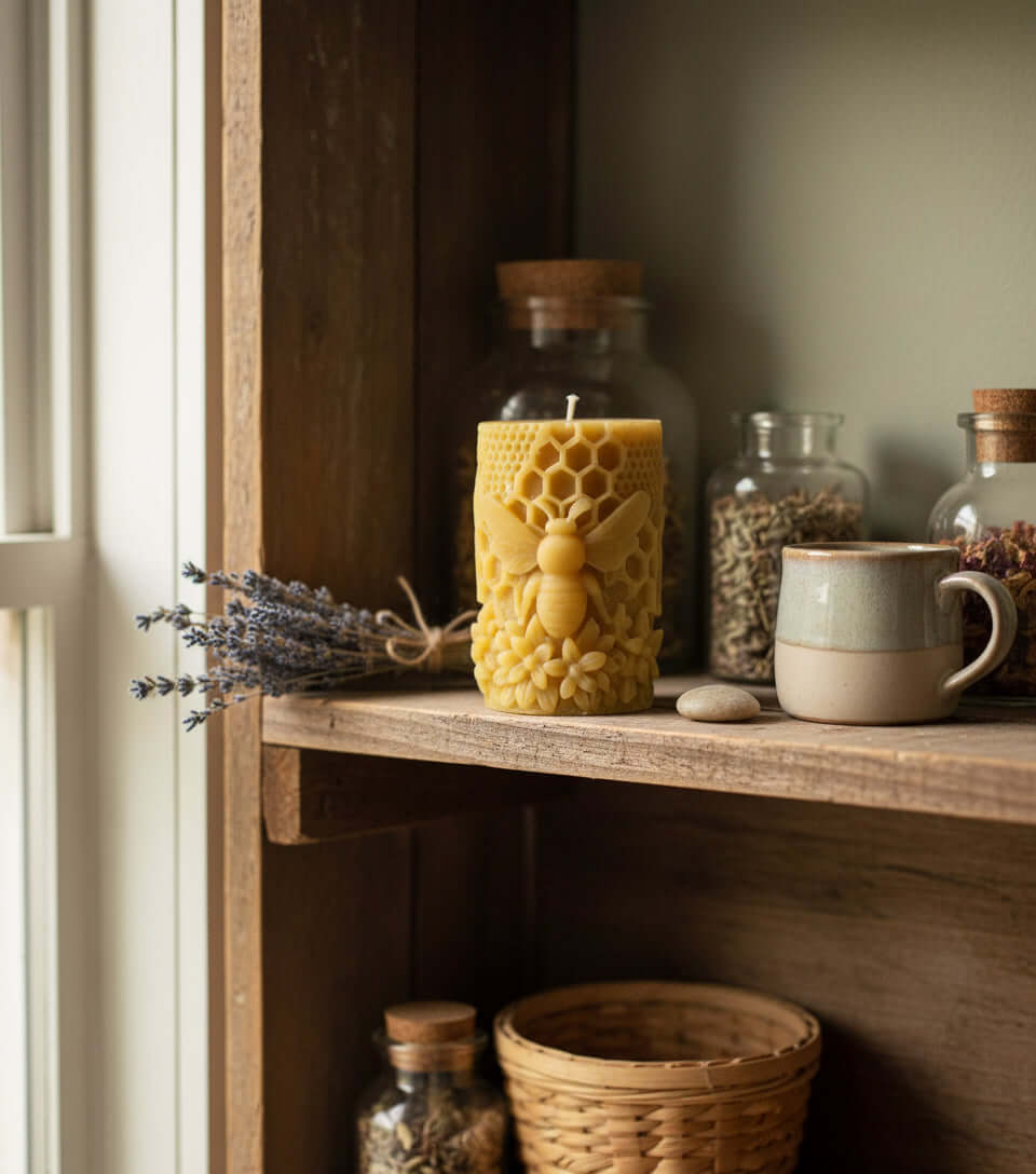 Beeswax pillar candle. Queen of the Comb