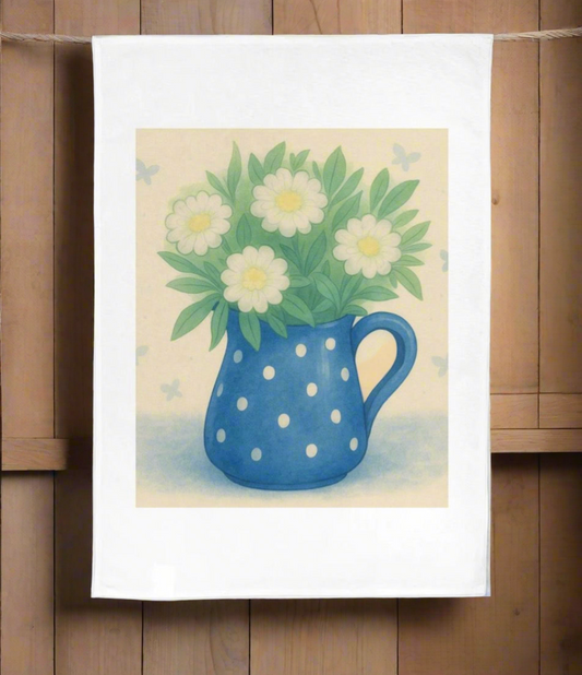 Tea towel with a design of a blue polka dot pitcher holding white flowers on a wooden background