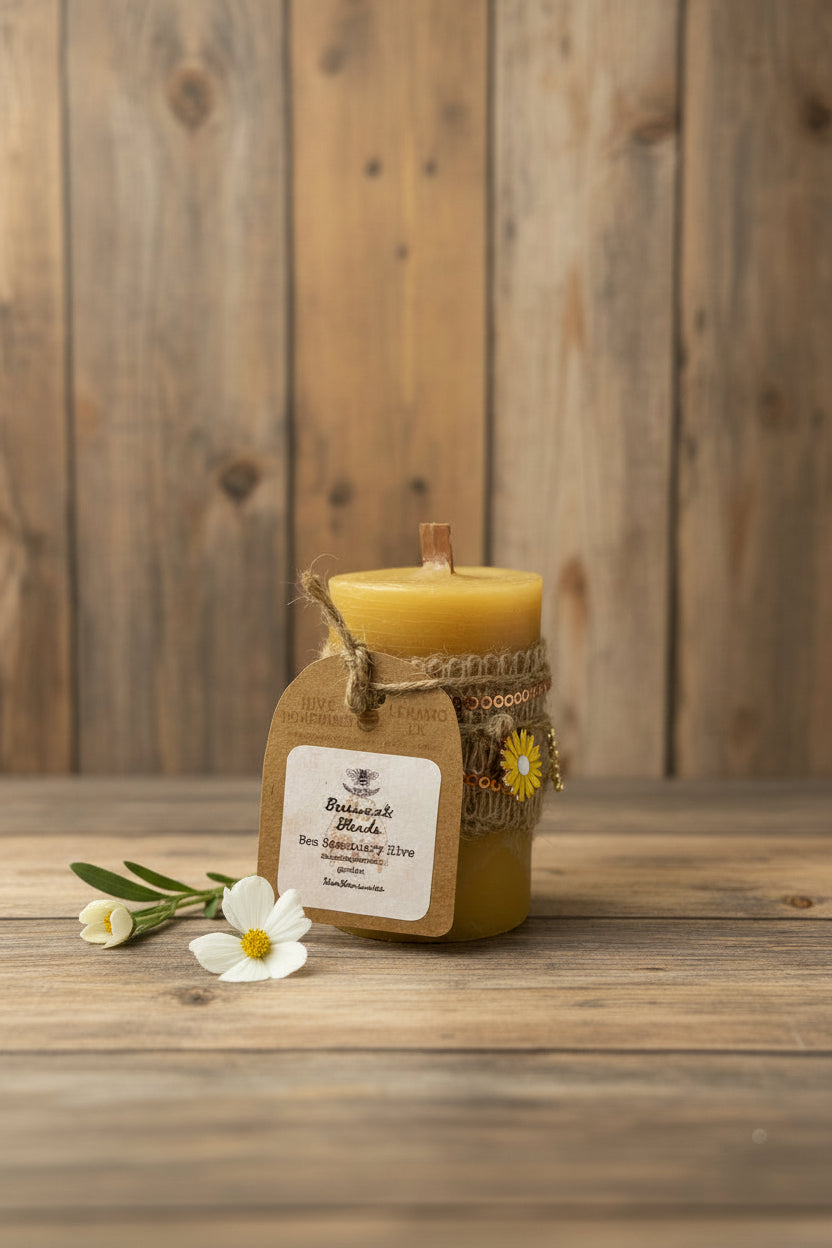 Beeswax Pillar Candle - Handcrafted Bee Sanctuary Hive Design