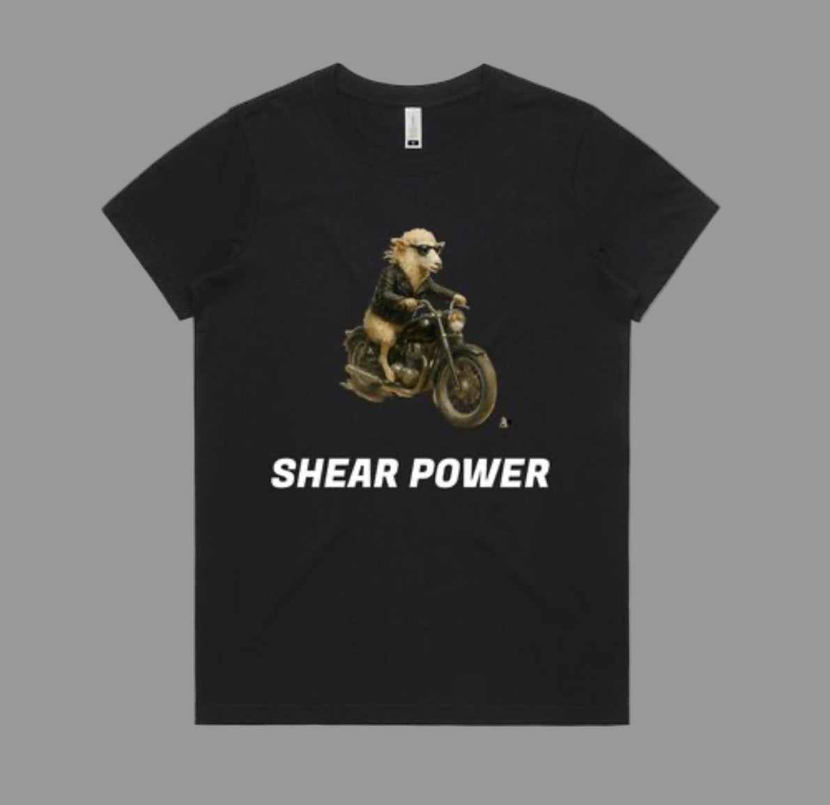 Shear Power. Biker Sheep tee. Organic cotton. Women’s S-2Xl