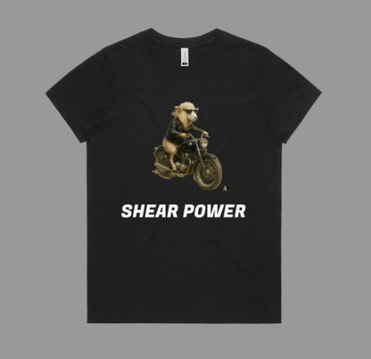 Shear Power. Biker Sheep tee. Organic cotton. Women’s S-2Xl