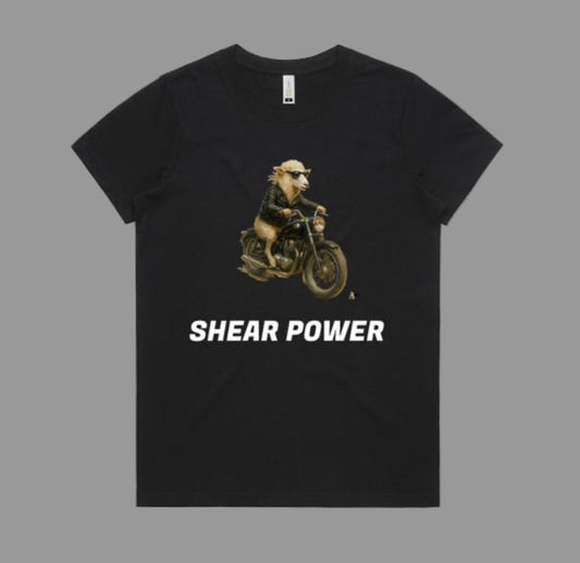 Shear Power. Biker Sheep tee. Organic cotton. Women’s S-2Xl