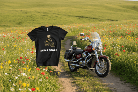 Shear Power. Biker Sheep tee. Organic cotton. Women’s S-2XL
