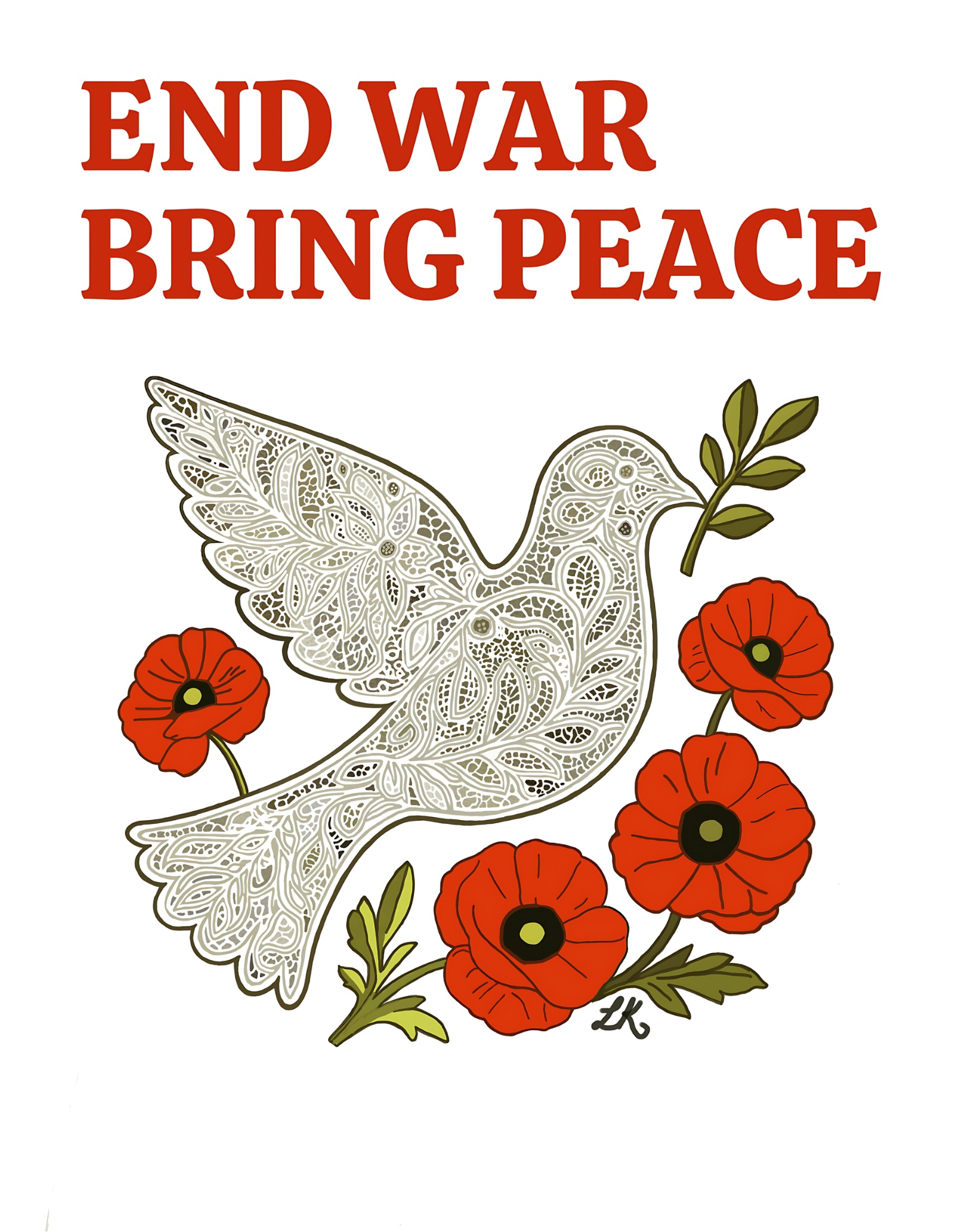 Dove with red flowers and 'End War Bring Peace' text on a white background
