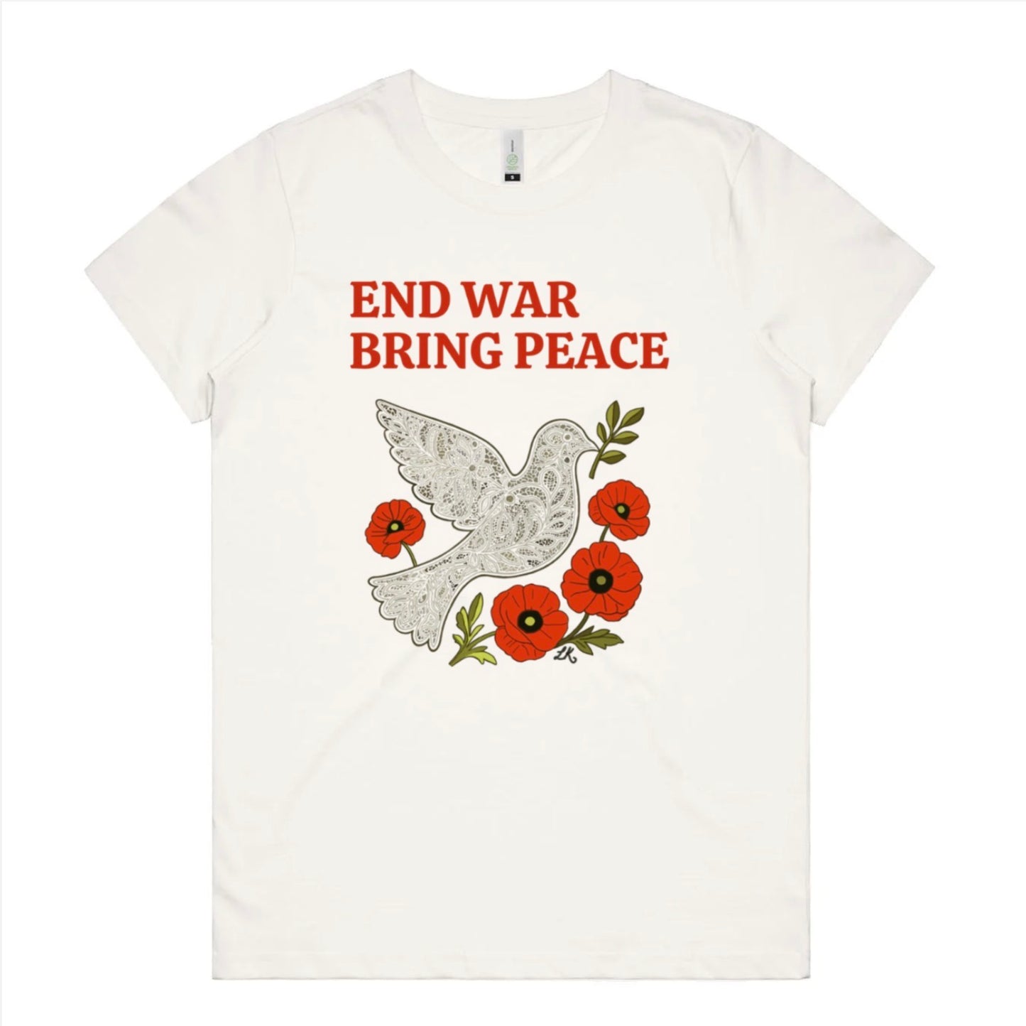 White t-shirt with a dove and poppies design and 'End War Bring Peace' text on a white background
