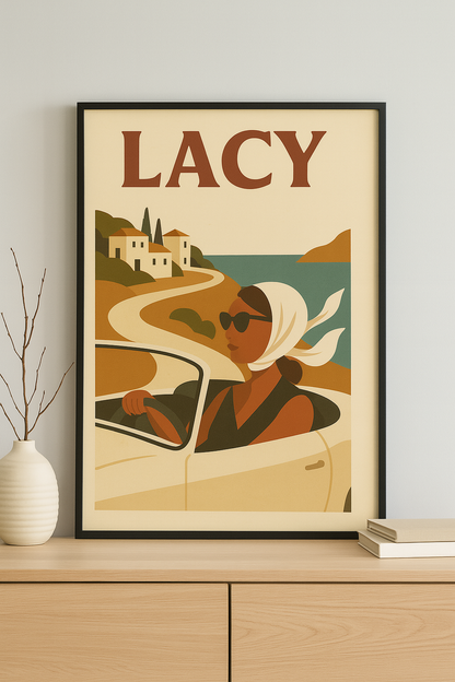 🧣 “LACY: Coastal Dream Drive” – Vintage Art Print