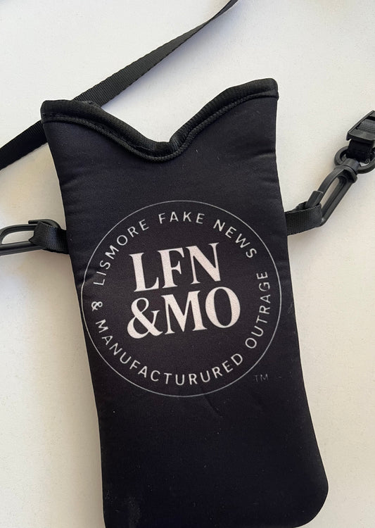 Phone bag. Crossbody. Black neoprene with beige text. Lismore Fake News