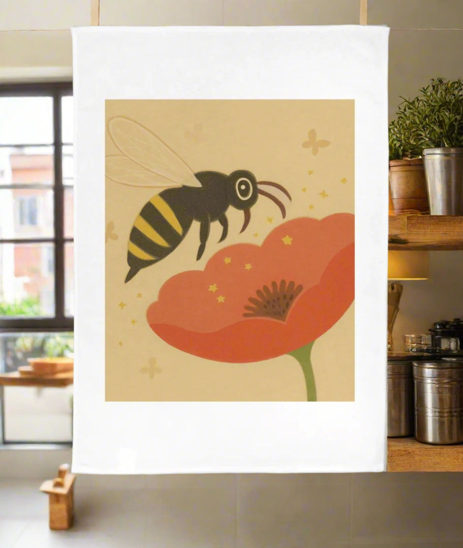 Framed artwork of a bee on a flower in a home setting