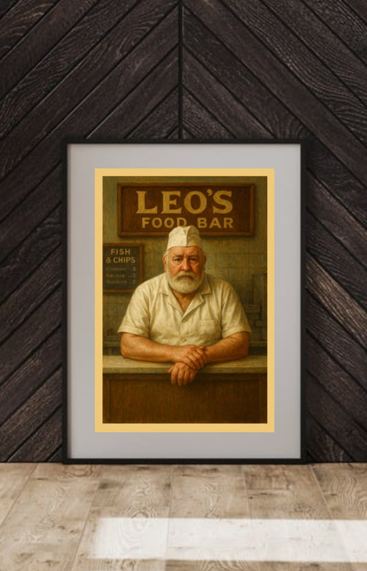 Framed poster of a man sitting at a counter with 'Leo's Food Bar' sign on a wooden wall.