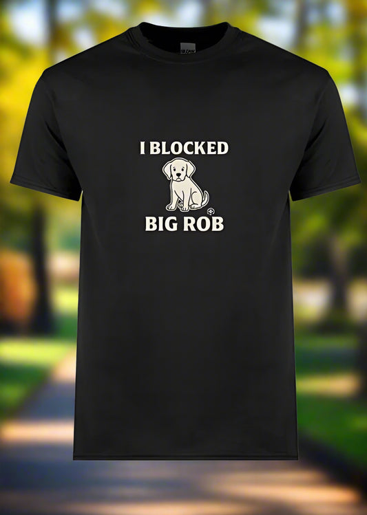 Black t-shirt with white text and graphic of a dog, on a white background