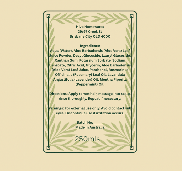 Product label with text on a beige background