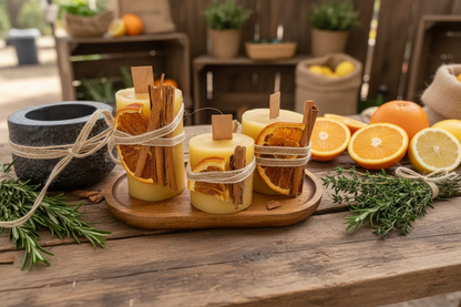 Pure beeswax candle trio on a table with citrus and cinnamon