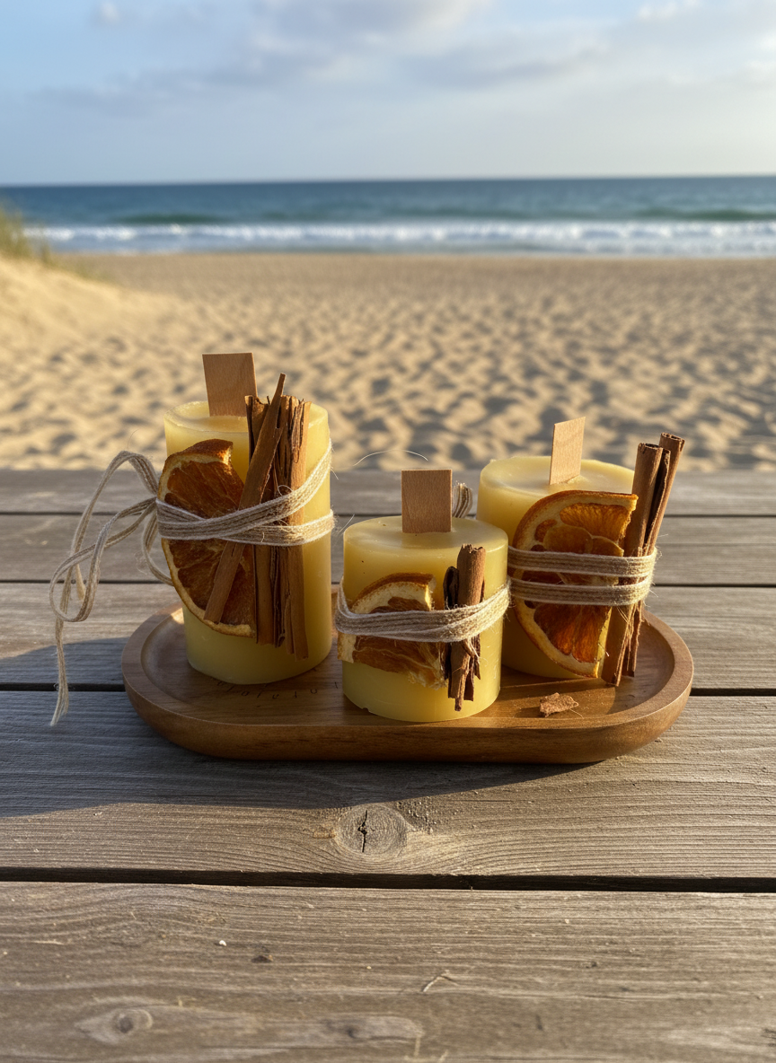 Pure beeswax candle trio on a beach table