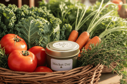 Beeswax blend candle surrounded by a basket of vegetables