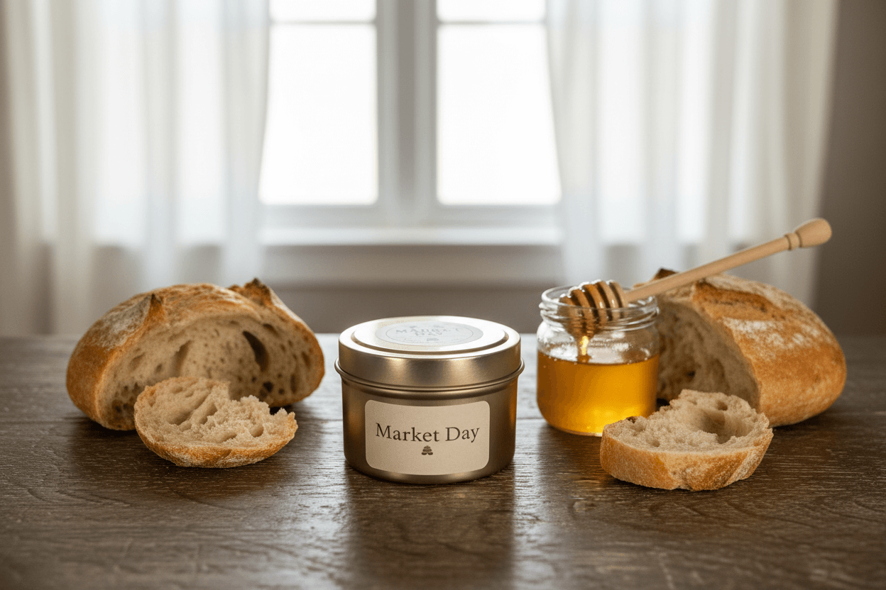 Beeswax blend candle on a table with bread and honey