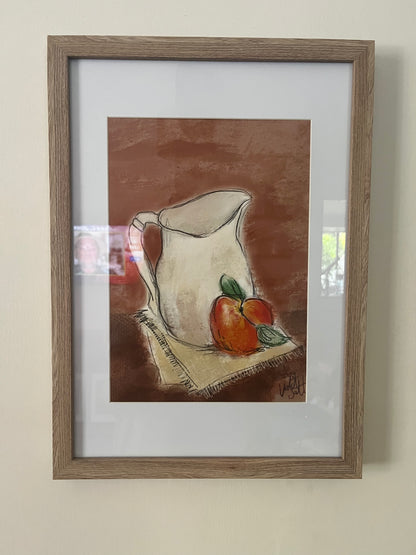 Jug and Peach Art Print - A4 Fine Art Print. Framed