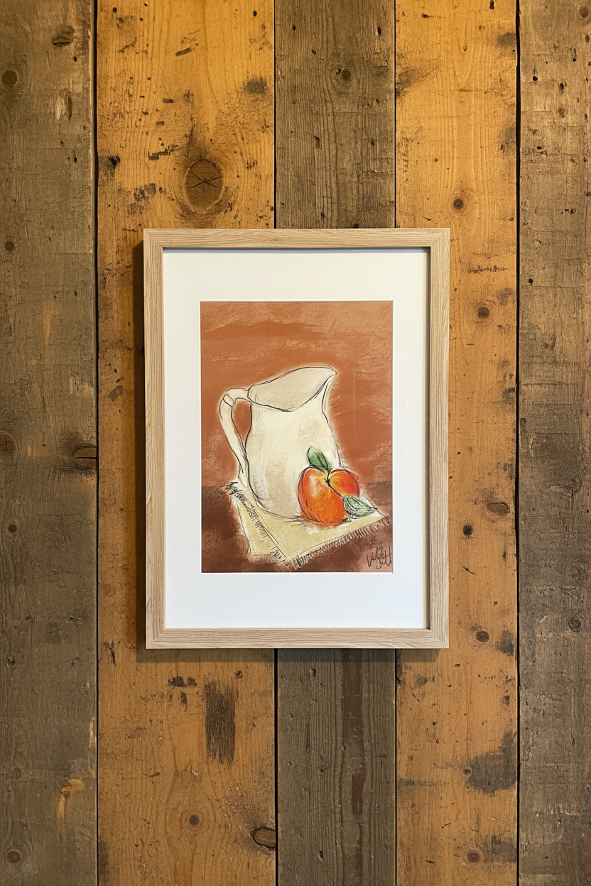 Jug and Peach Art Print - A4 Fine Art Print. Framed