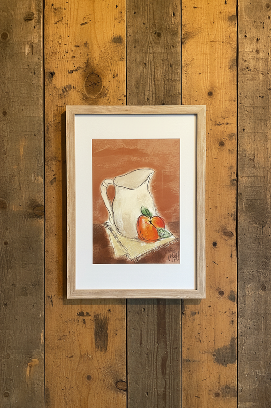 Jug and Peach Art Print - A4 Fine Art Print. Framed