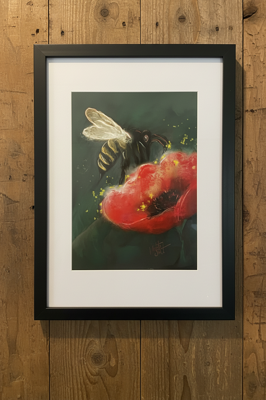 Bee and Poppy Fine Art Print by Violet & Salt. Framed.
