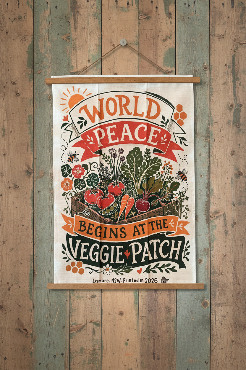 Linen tea towel. World Peace begins at the veggie patch