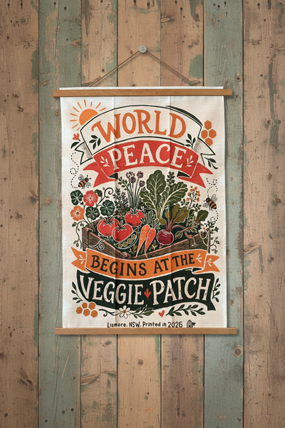 Linen tea towel. World Peace begins at the veggie patch