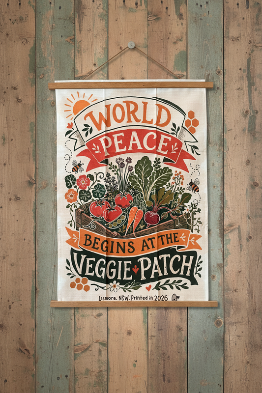 Linen tea towel. World Peace begins at the veggie patch