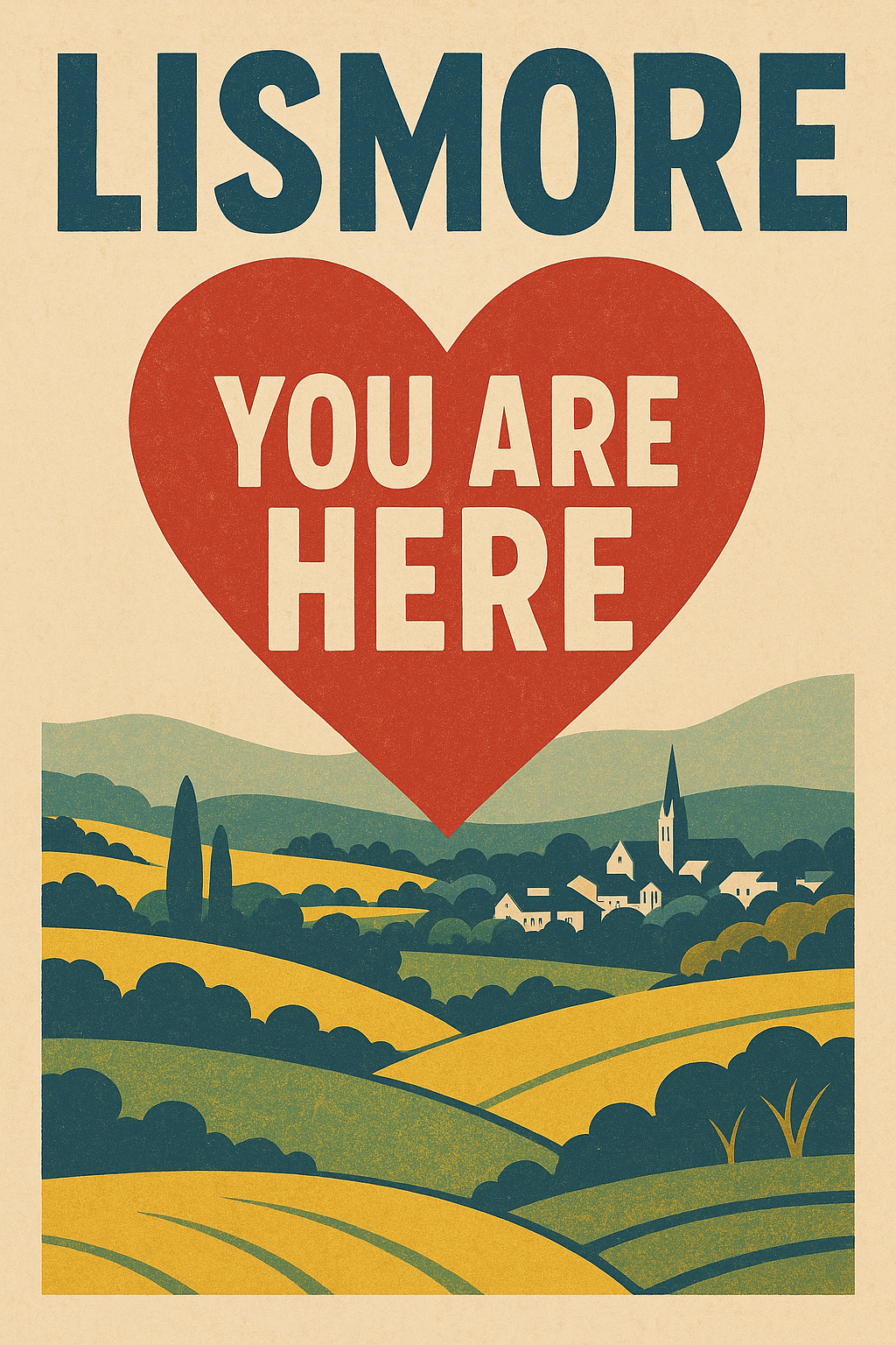 ❤️ “LISMORE: YOU ARE HERE” – Retro Heartland Poster