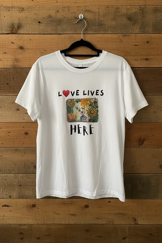 LOVE LIVES HERE Tee – Hive Edition, Organic Cotton, Women’s S-2XL