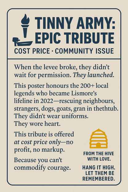 🚤 TINNY ARMY: EPIC TRIBUTE
🌊 Lismore didn’t wait for permission. It launched boats. Available for cost price only, no mark up.