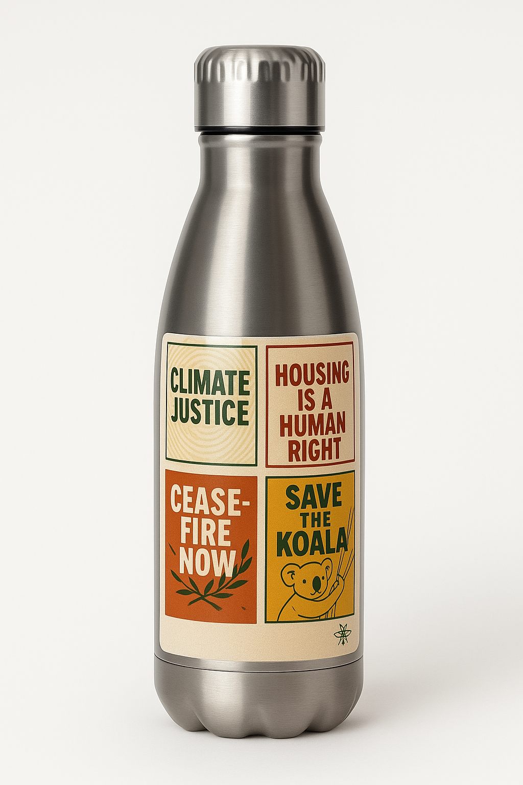 Reusable protest water bottle featuring bold activist slogans like ‘Ceasefire Now’ and ‘Climate Justice.’ Designed by Hive Homewares for rallies, road trips, and revolution hydration