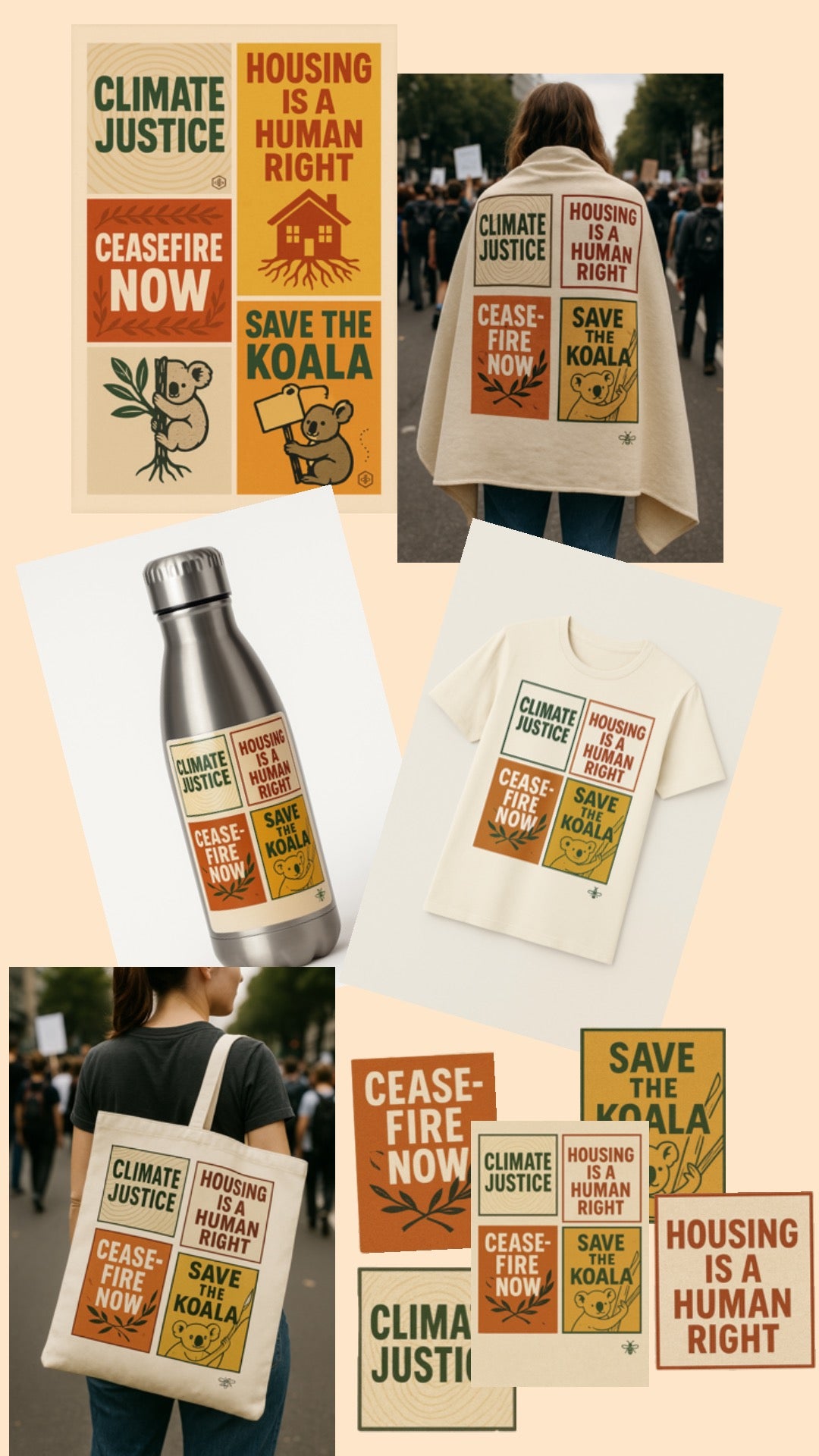 Protest survival gift pack including a tote bag, blanket, t-shirt, water bottle, stickers, and poster featuring bold slogans like ‘Climate Justice,’ ‘Ceasefire Now,’ ‘Housing Is a Human Right,’ and ‘Save the Koala.’ Designed by Hive Homewares for everyday activists