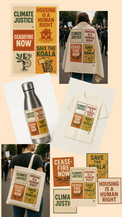 Protest survival gift pack including a tote bag, blanket, t-shirt, water bottle, stickers, and poster featuring bold slogans like ‘Climate Justice,’ ‘Ceasefire Now,’ ‘Housing Is a Human Right,’ and ‘Save the Koala.’ Designed by Hive Homewares for everyday activists