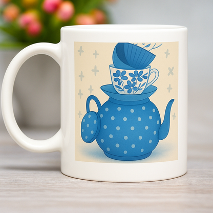 White mug with a blue teapot and cup design on a beige background