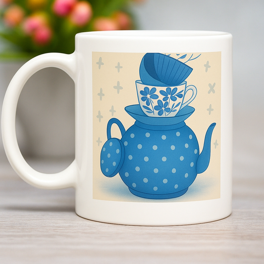 White mug with a blue teapot and cup design on a beige background