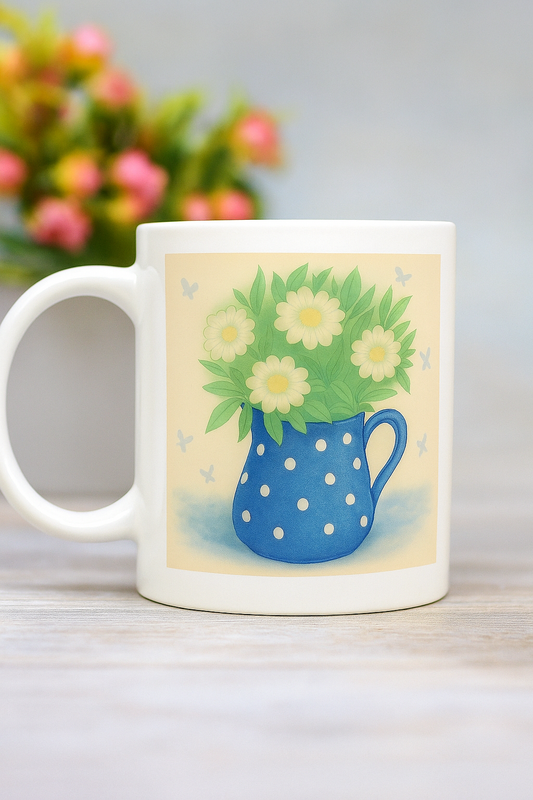 White mug with a blue polka dot pitcher and flowers on a light background