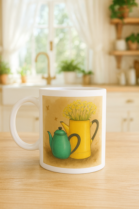 Mug with a design of teapots and flowers on a wooden table.