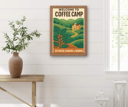 Coffee Camp Framed Poster on farmhouse wall.