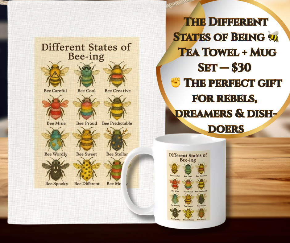 Tea towel and matching mug wth bee themed pictures
