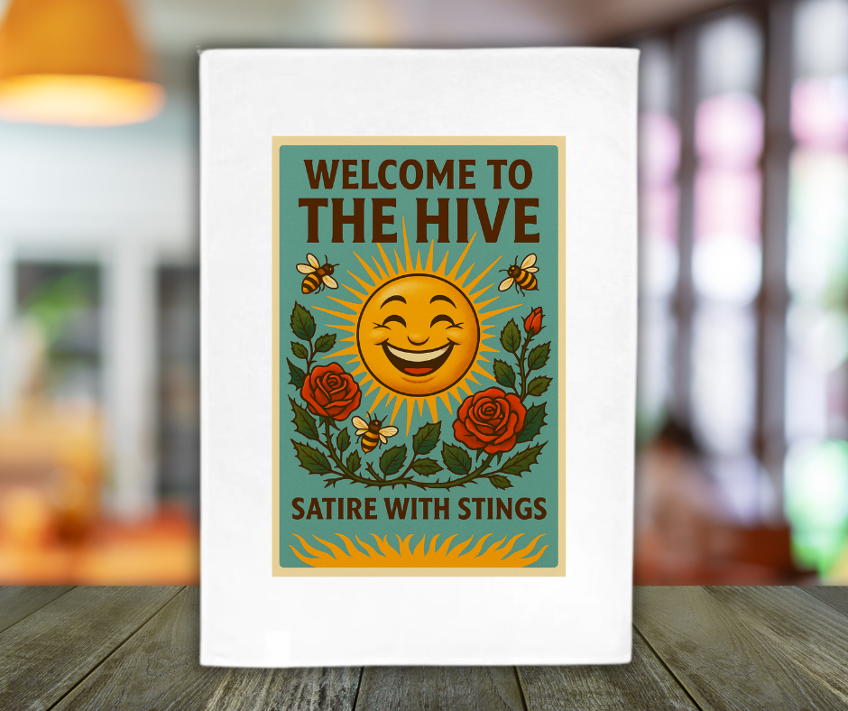 Cotton teatowel with vibrant sun picture and a welcome to the hive message
