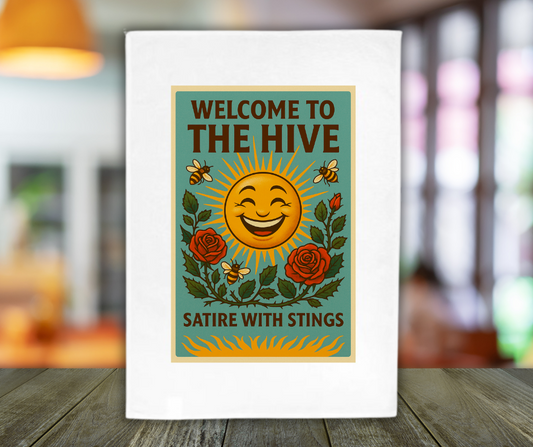 Cotton teatowel with vibrant sun picture and a welcome to the hive message