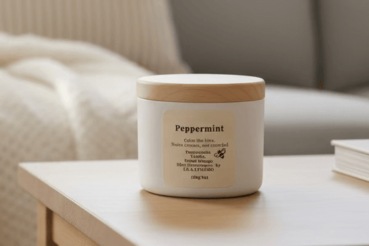 Peppermint soy candle in a white jar with a wooden lid on a coffee table.peppermint soy candle