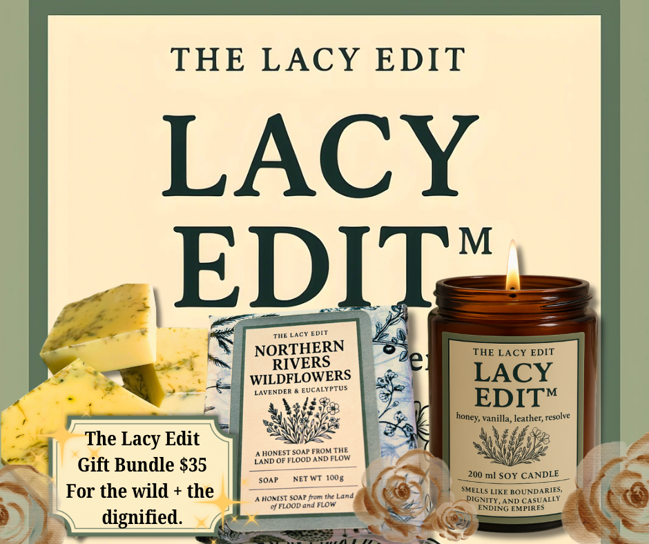 Promotional image of 'The Lacy Edit' products including a candle, soap, and other items with branding and product display.