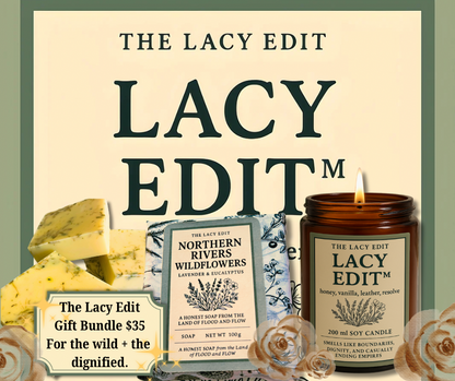 Promotional image of 'The Lacy Edit' products including a candle, soap, and other items with branding and product display.