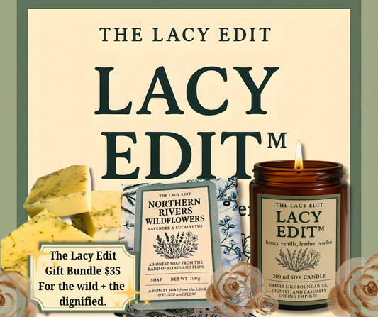 Promotional image of 'The Lacy Edit' products including a candle, soap, and other items with branding and product display.
