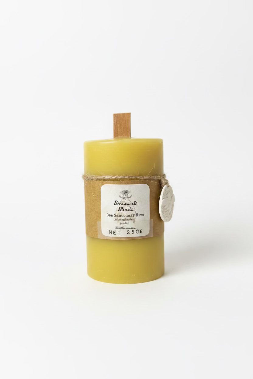 Pure Beeswax Pillar candle in a cylindrical container with a wooden wick, wrapped in a brown paper band with a white label and a small hanging tag, on a white background.
